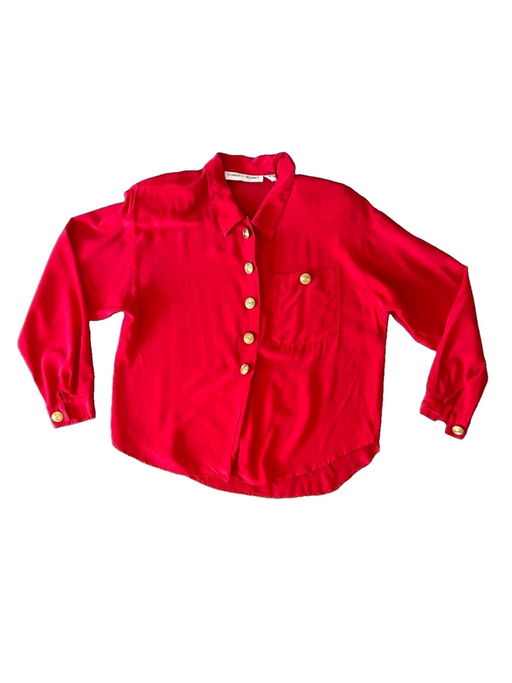 Vintage 80s Eleanor P Brenner Red 100% Silk Blouse Gold Buttons L Hong Kong